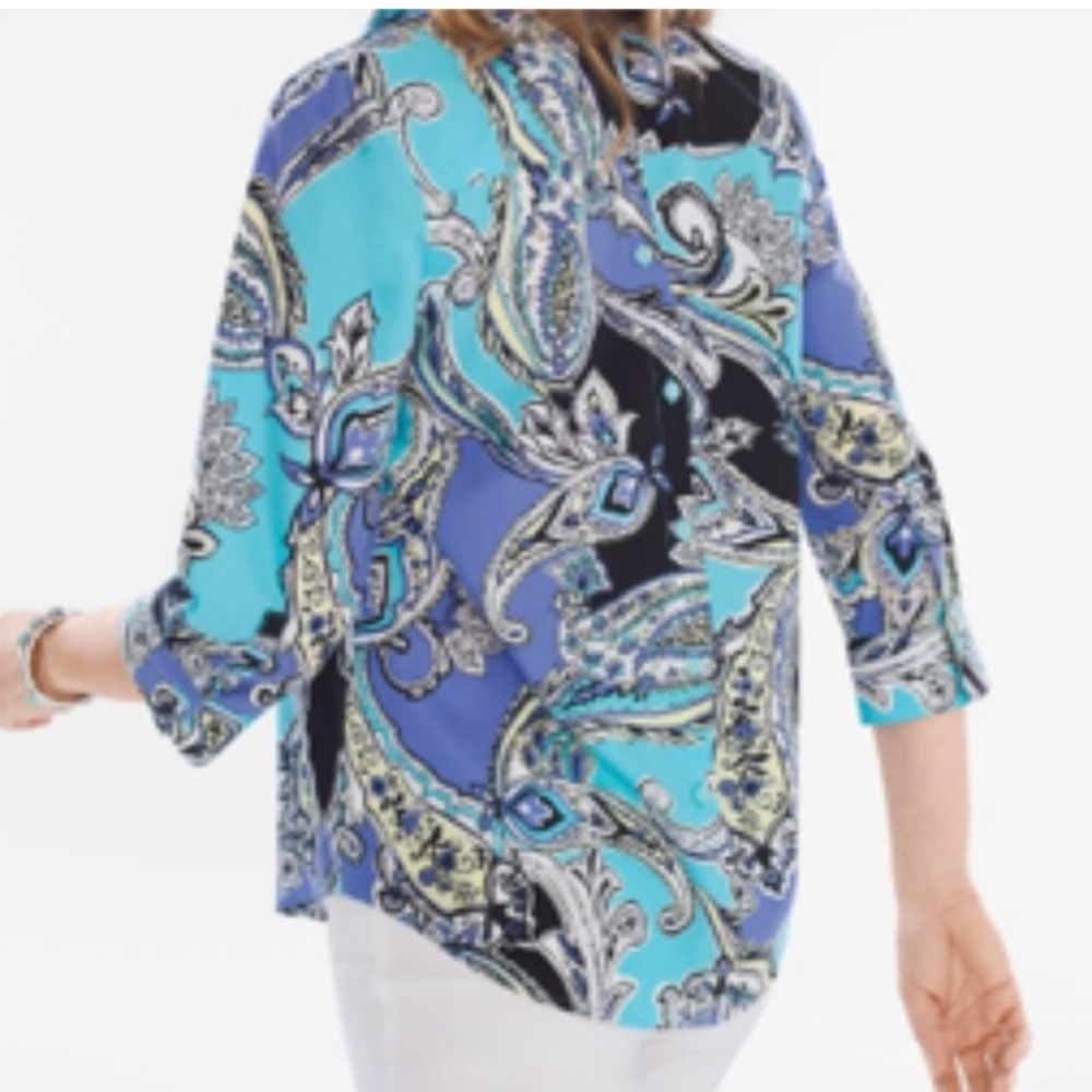 Chicos No-Iron Maritime Paisley Button-Back 3/4 Sleeve Top Chicos Sz 3US XL EUC - Picture 2 of 7